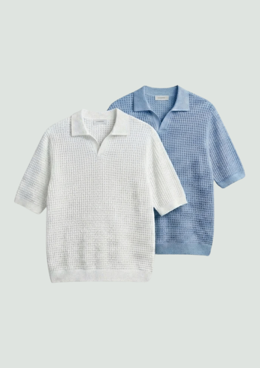 2 Piece Waffle Knit Polo T-Shirt (White – Light Blue)