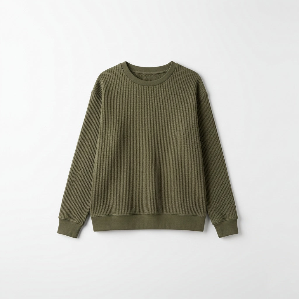 2 Pieces Waffle Knit Tees ( OLIVE GREEN & CEREAM )
