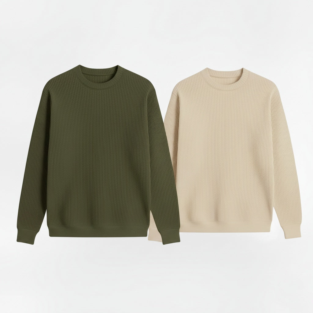 2 Pieces Waffle Knit Tees ( OLIVE GREEN & CEREAM )