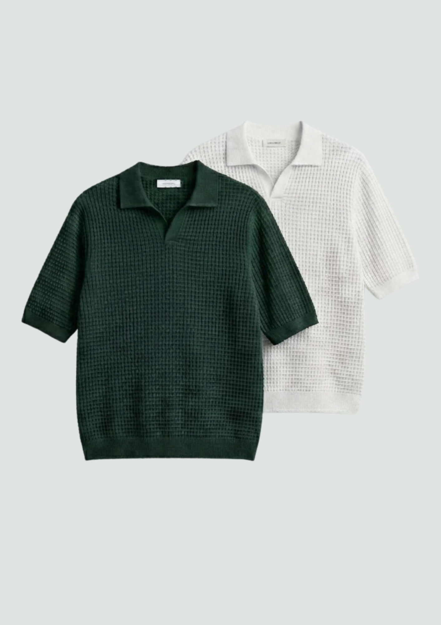 2 Piece Waffle Knit Polo T-Shirt (White – Forest Green)