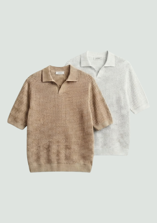 2 Piece Waffle Knit Polo T-Shirt (White – Desert Sand)