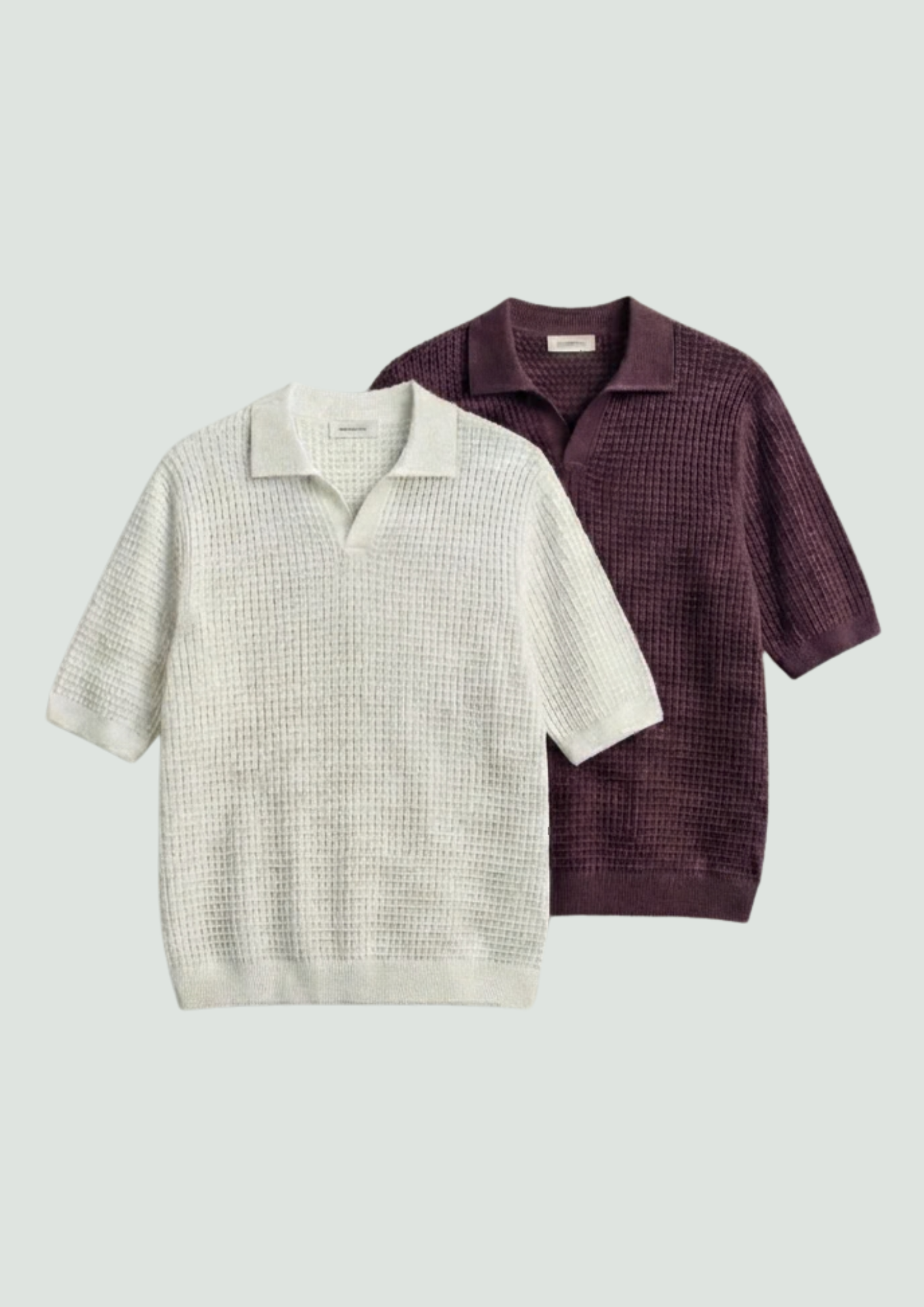 2 Piece Waffle Knit Polo T-Shirt (White – Midnight plum)