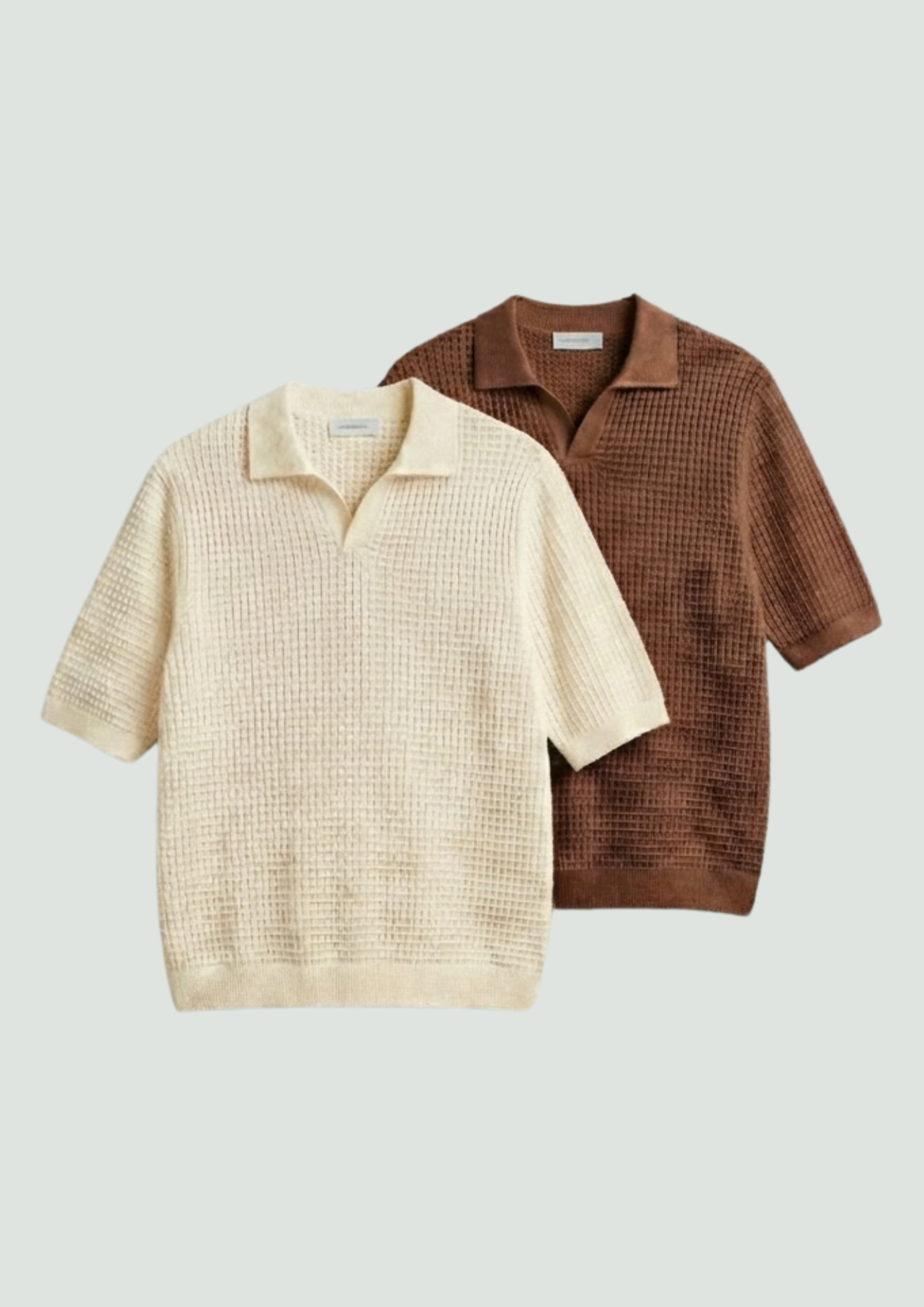 2 Piece Waffle Knit Polo T-Shirt (Cream – Brown)