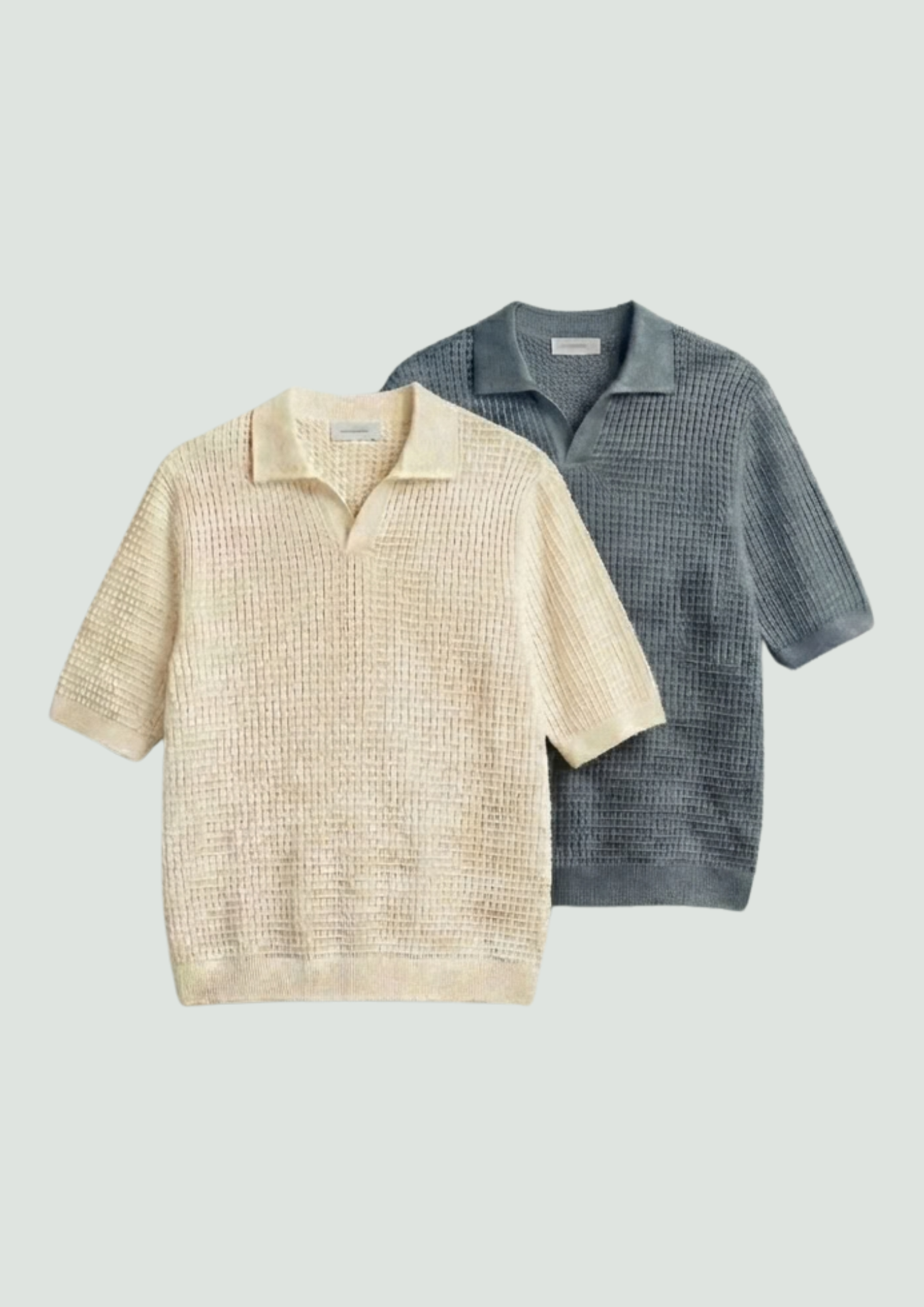 2 Piece Waffle Knit Polo T-Shirt (Cream – Steel Gray)