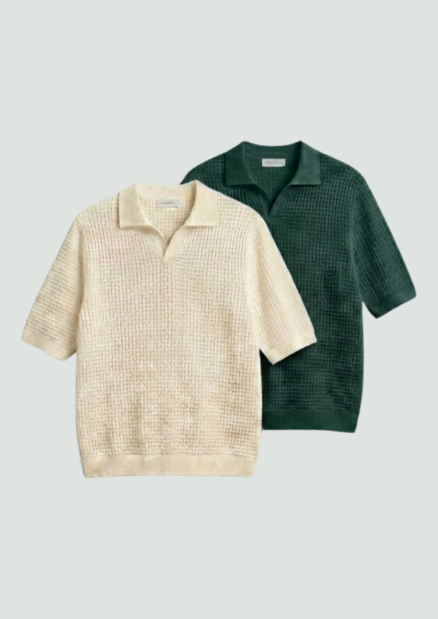 2 Piece Waffle Knit Polo T-Shirt (Cream – Bottle Green)