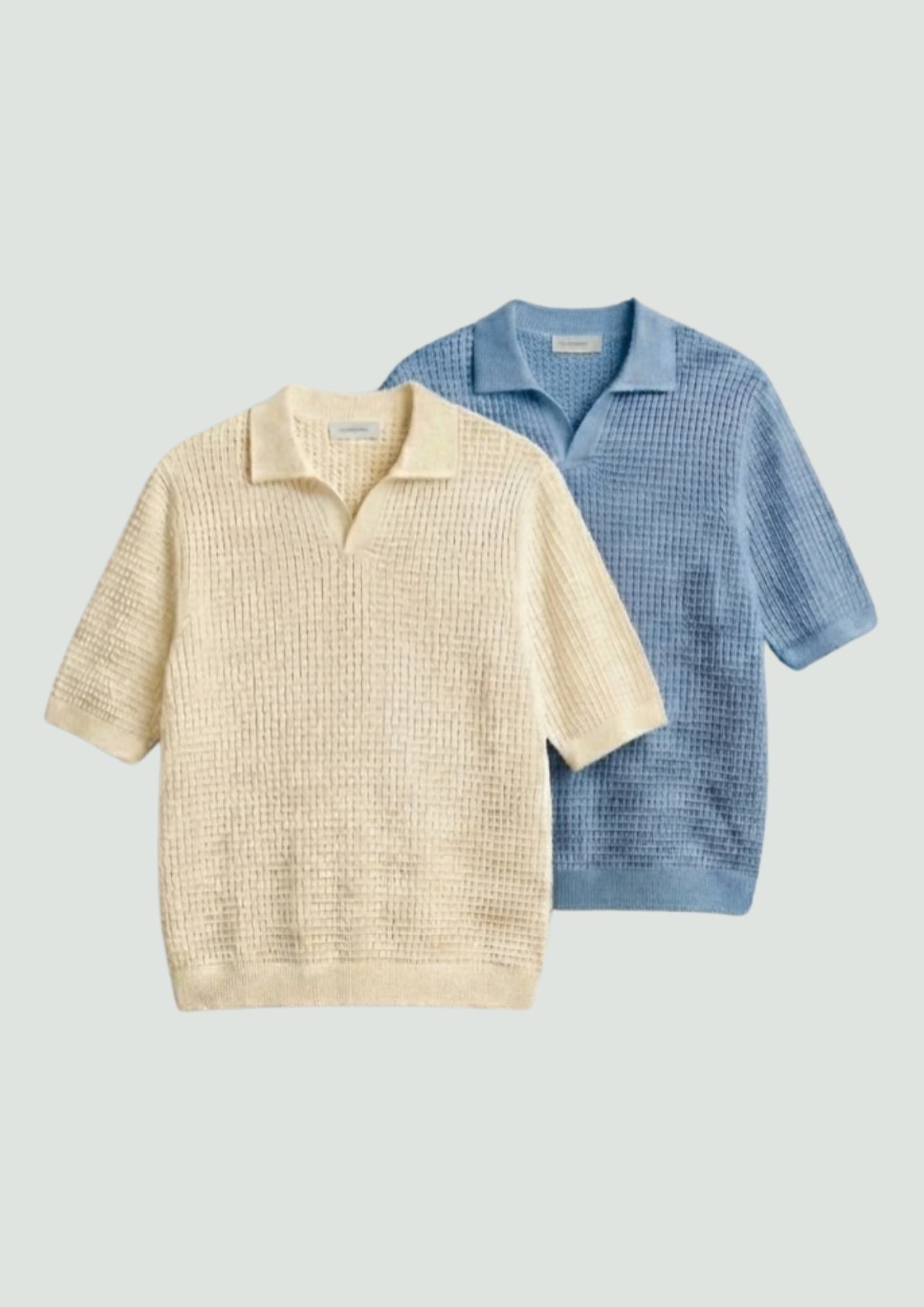 2 Piece Waffle Knit Polo T-Shirt (Cream – Light Blue)