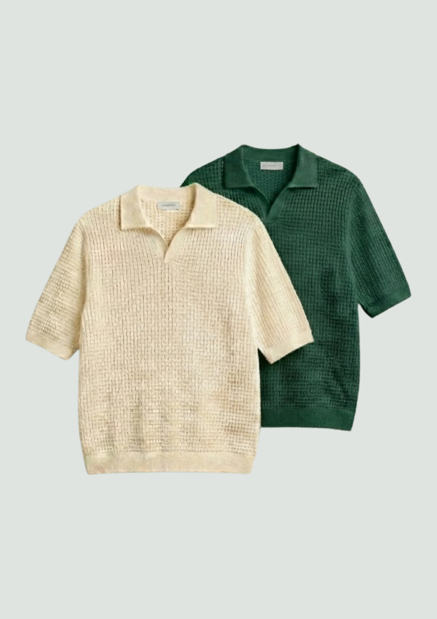 2 Piece Waffle Knit Polo T-Shirt (Cream – Forest Green)