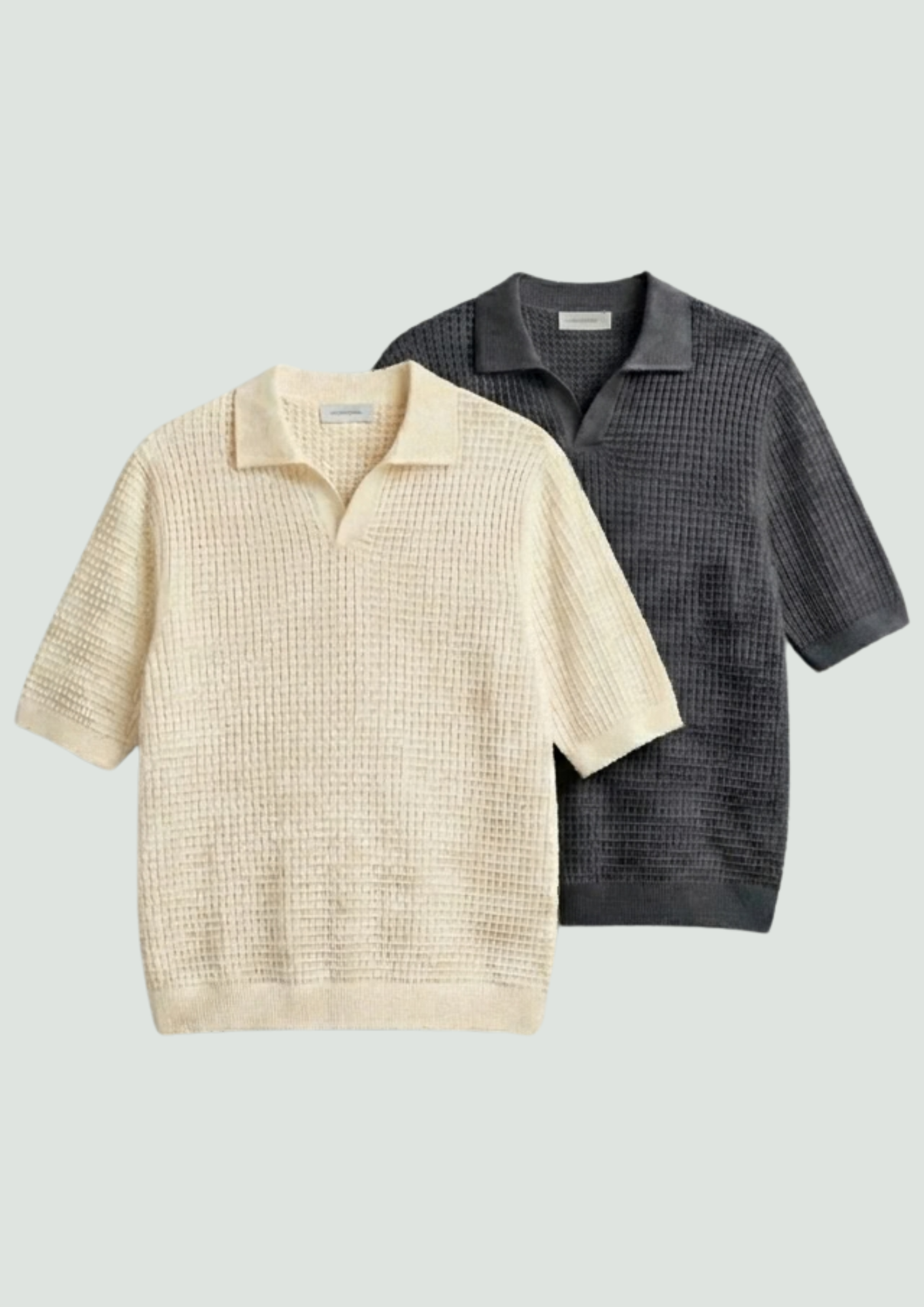 2 Piece Waffle Knit Polo T-Shirt (Cream – Charcoal)
