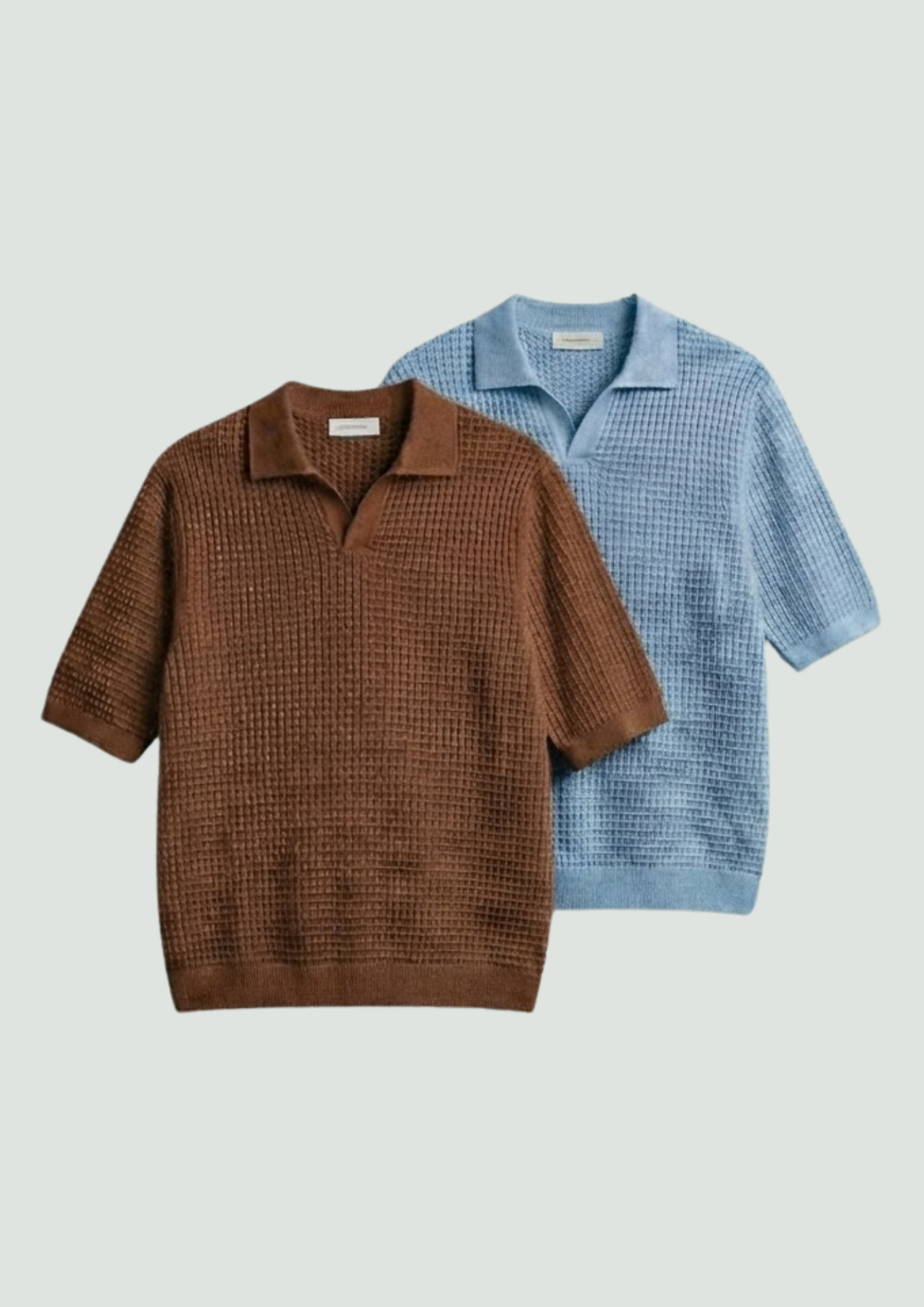 2 Piece Waffle Knit Polo T-Shirt (Brown – Light Blue)