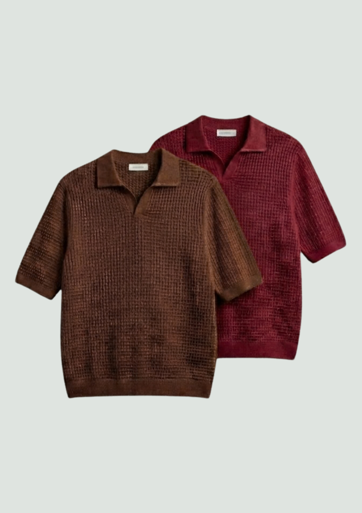 2 Piece Waffle Knit Polo T-Shirt (Brown – Red)