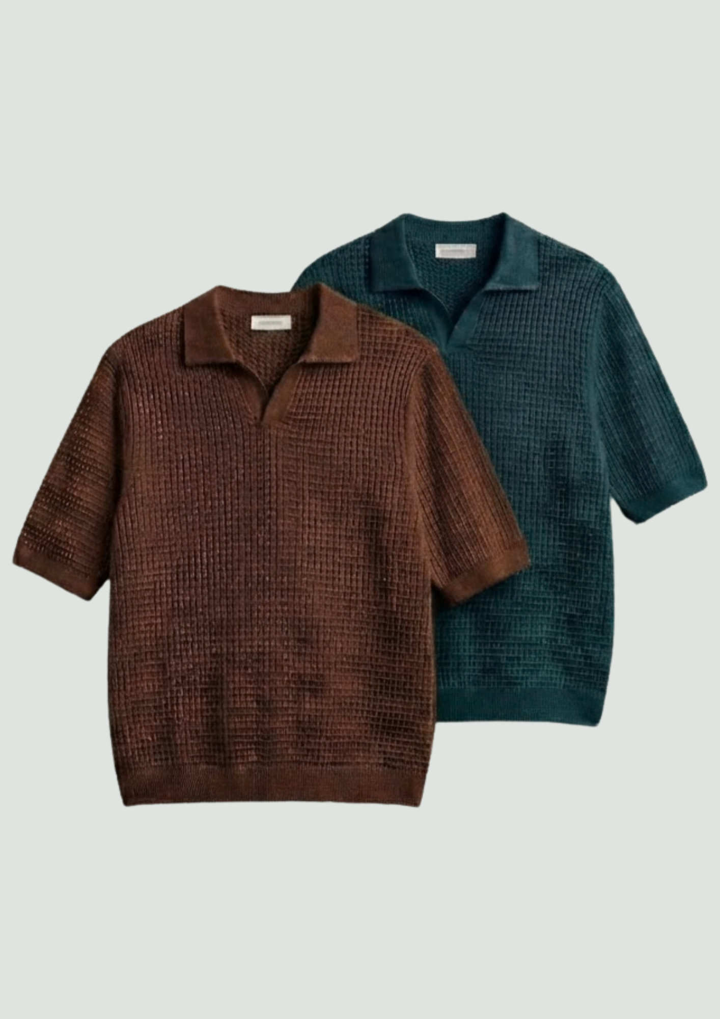2 Piece Waffle Knit Polo T-Shirt (Brown – Dark Teal)