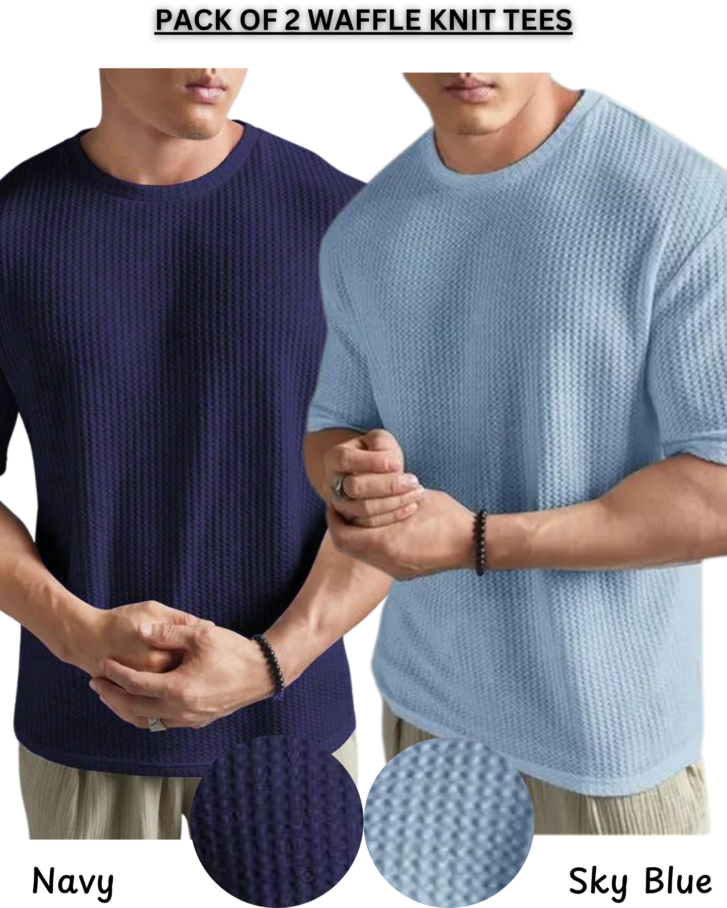 Pack of 2 – Waffle Knit Tees (Navy Blue & Sky Blue)