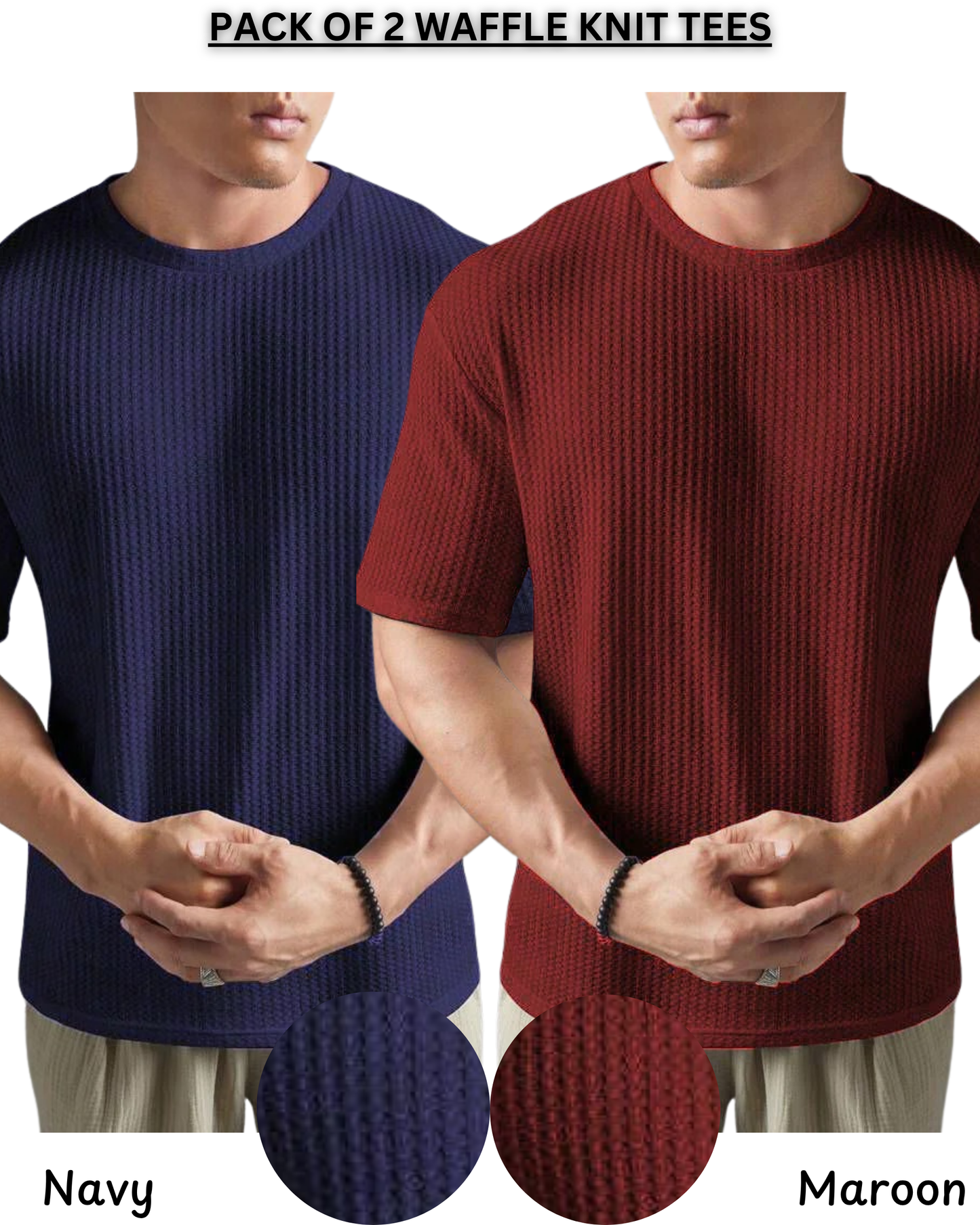 Pack of 2 – Waffle Knit Tees (Navy Blue & Maroon)