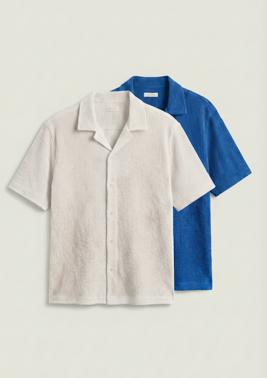Pack Of 2 Waffle Knit Cuben Collar Shirt - (White - Dodger Blue)