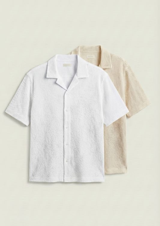 Pack Of 2 Waffle Knit Cuben Collar Shirt - (White - Cream)