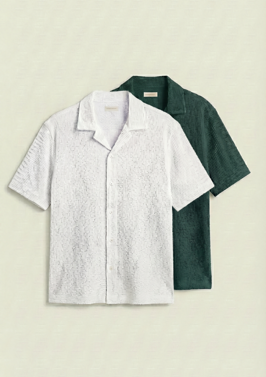 Pack Of 2 Waffle Knit Cuben Collar Shirt - (White -Bottle Green)