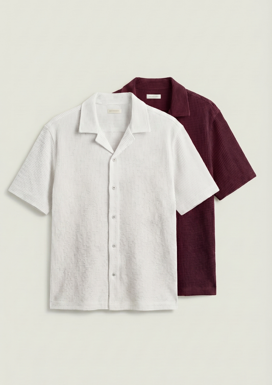 Pack Of 2 Waffle Knit Cuben Collar Shirt - (White - Maroon)
