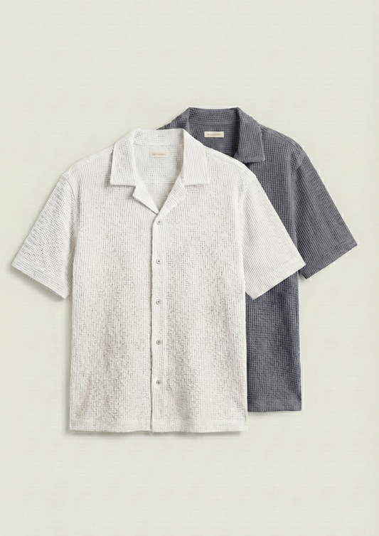 Pack Of 2 Waffle Knit Cuben Collar Shirt - (White - Charcoal)