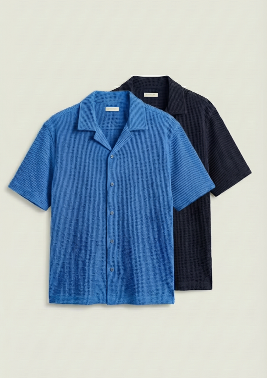 Pack Of 2 Waffle Knit Cuben Collar Shirt - (Dodger Blue – Navy Blue)