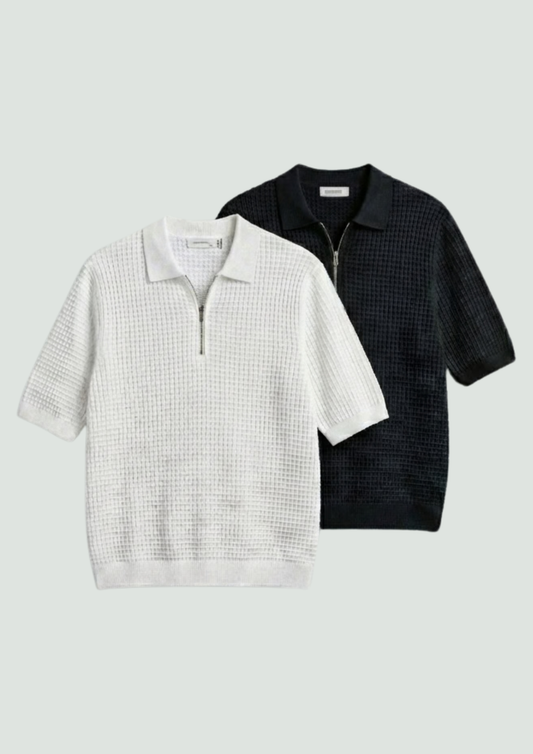 Pack of 2 – Waffle Knit Zipper Polo - (Black - White)