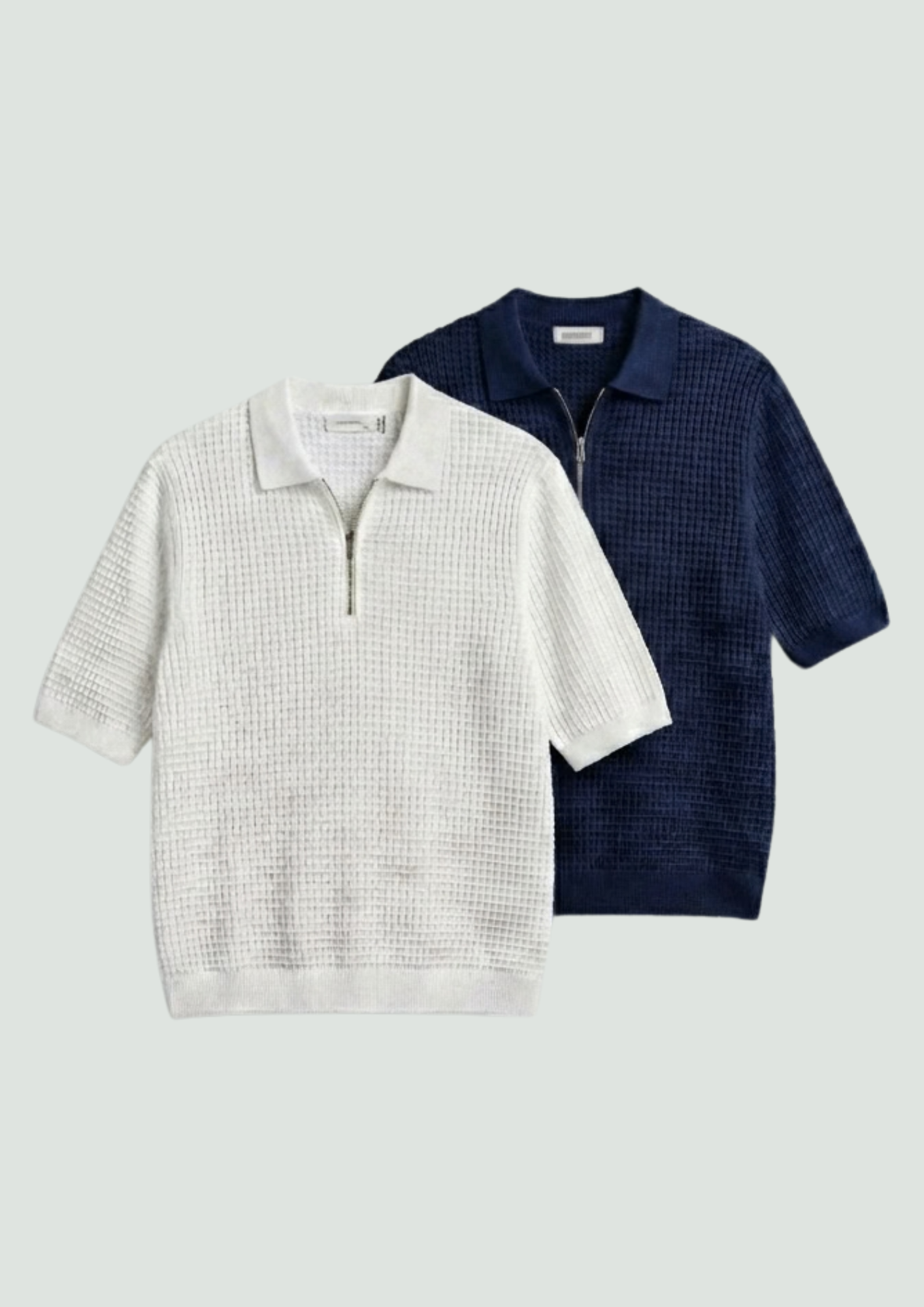 Pack of 2 – Waffle Knit Zipper Polo - (White - Navy Blue)