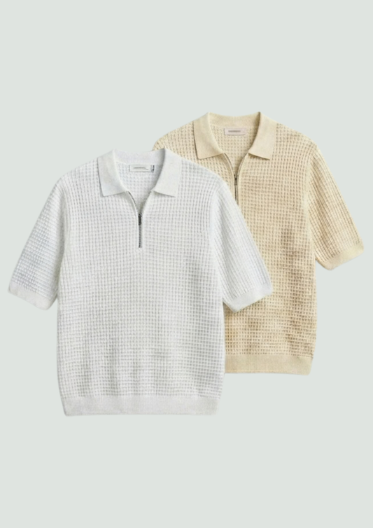 Pack of 2 – Waffle Knit Zipper Polo - (White – Cream)