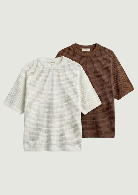 Pack of 2 – Waffle Knit Oversized Tees - (White – Brown)