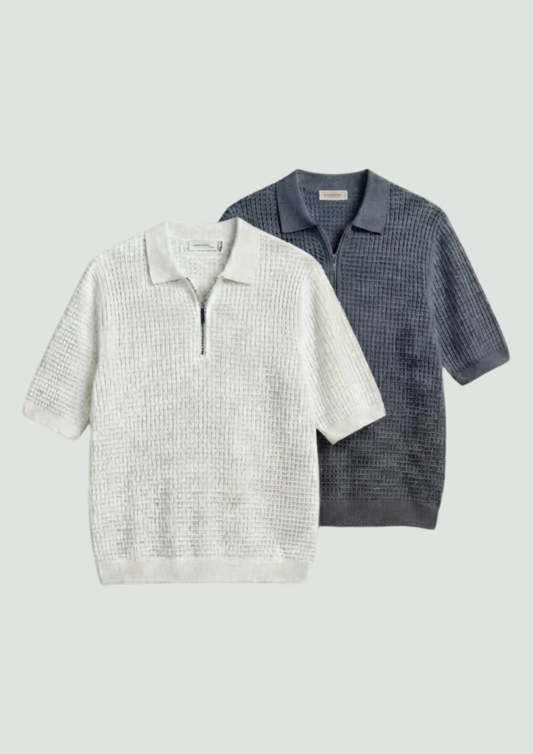 Pack of 2 – Waffle Knit Zipper Polo - (White – Steel Gray)