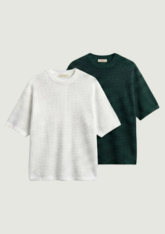 Pack of 2 – Waffle Knit Tees - (Bottle Green - White)