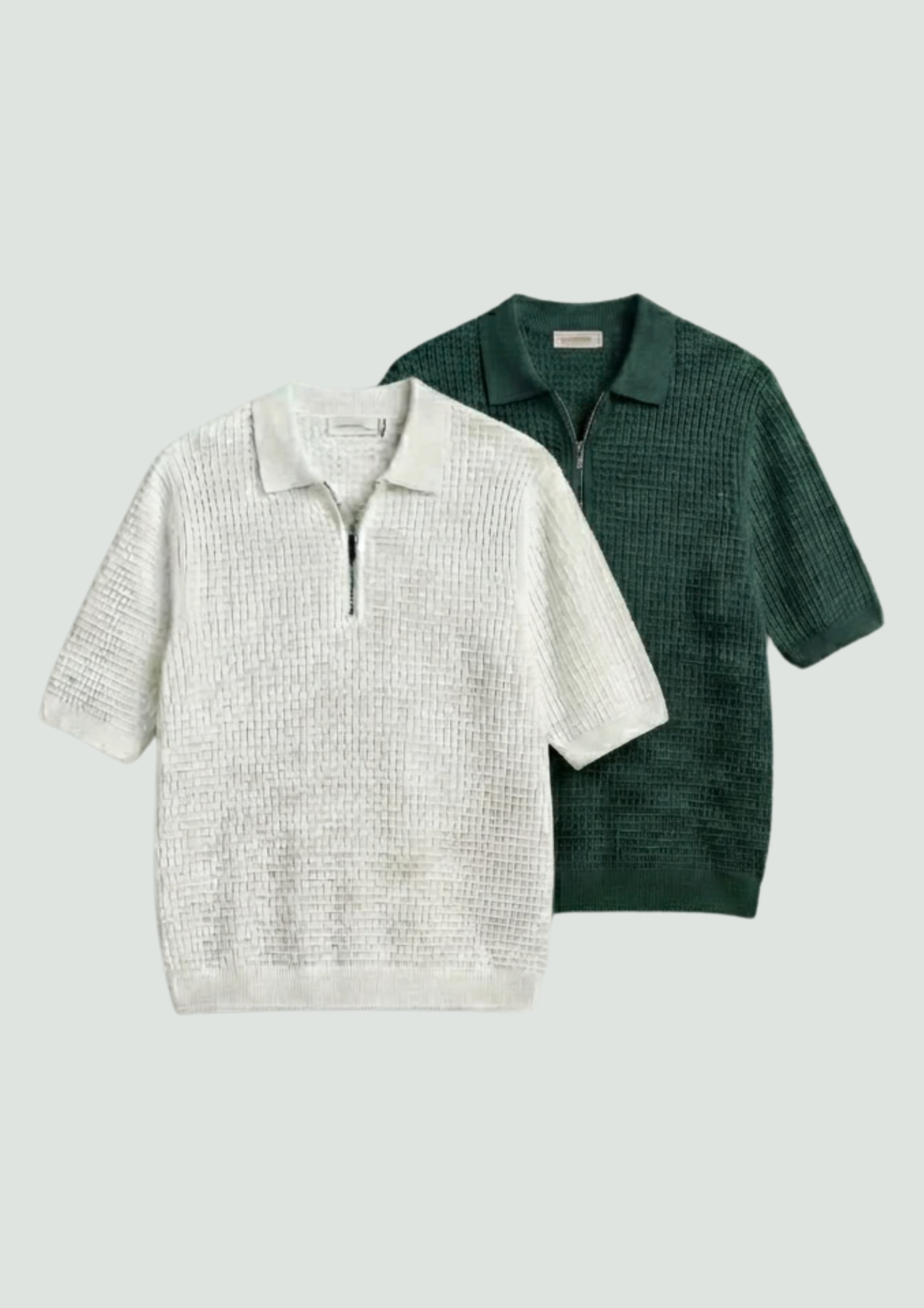 Pack of 2 – Waffle Knit Zipper Polo - (White - Bottle Green)