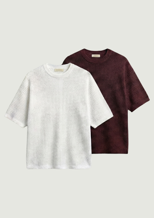 Pack of 2 – Waffle Knit Oversized Tees - (White – Maroon)