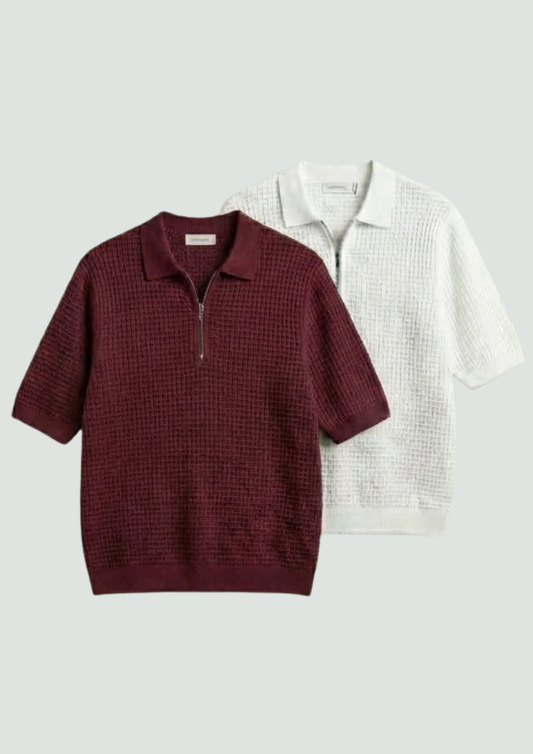 Pack of 2 – Waffle Knit Zipper Polo - (Maroon - White)