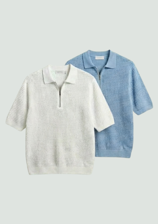 Pack of 2 – Waffle Knit Zipper Polo - (White – Light Blue)