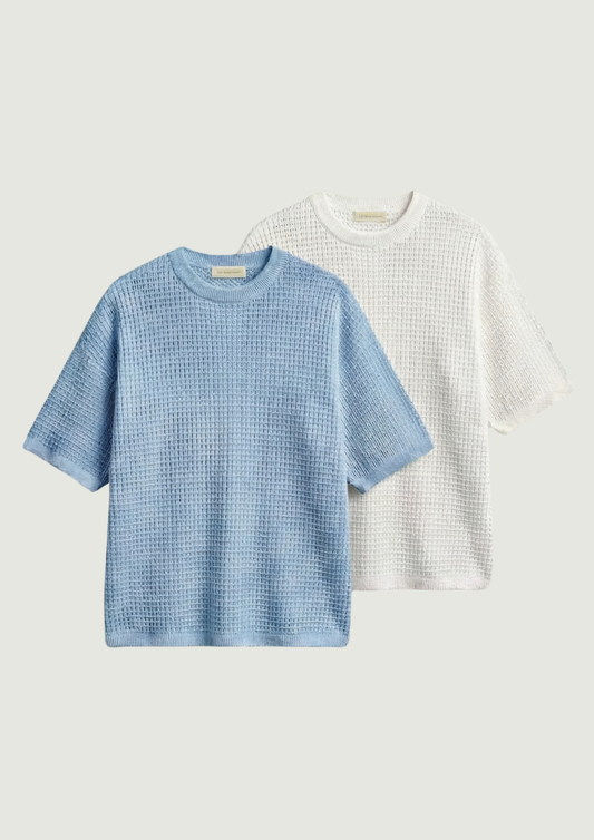 Pack of 2 – Waffle Knit Oversized Tees - (White – Light Blue)
