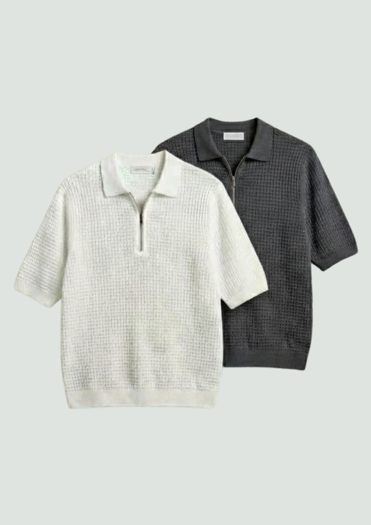 Pack of 2 – Waffle Knit Zipper Polo - (White - Charcoal)