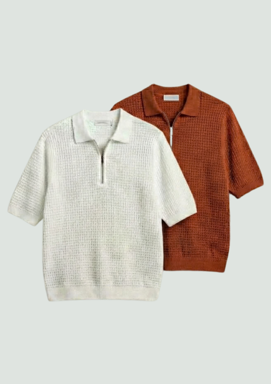Pack of 2 – Waffle Knit Zipper Polo - (White - Rust)