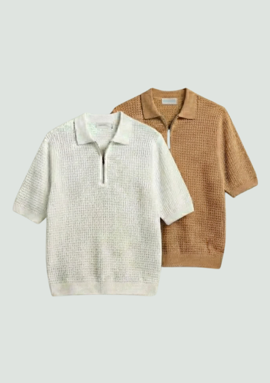 Pack of 2 – Waffle Knit Zipper Polo - (White – Desert Sand)