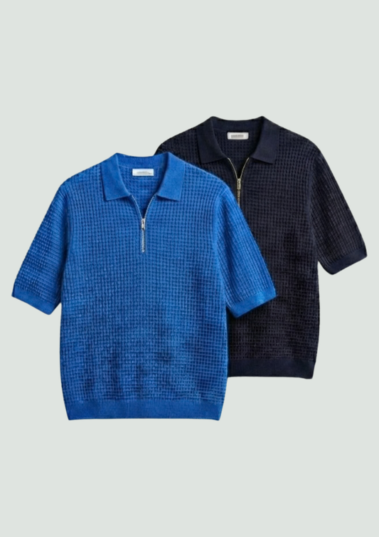 Pack of 2 – Waffle Knit Zipper Polo - (Dodger Blue – Navy Blue)