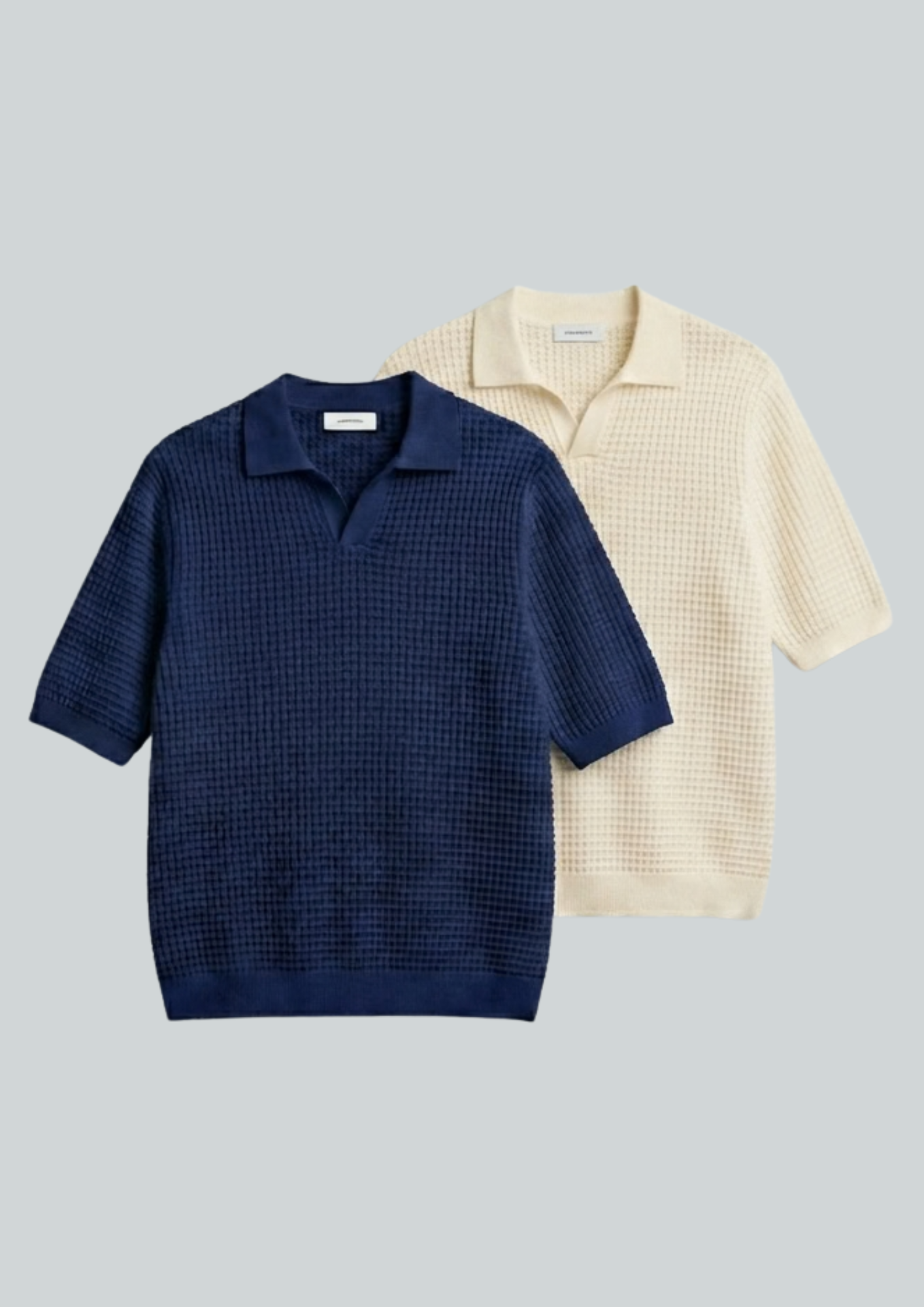 2 Piece Waffle Knit Polo T-Shirt (Navy Blue – Cream)