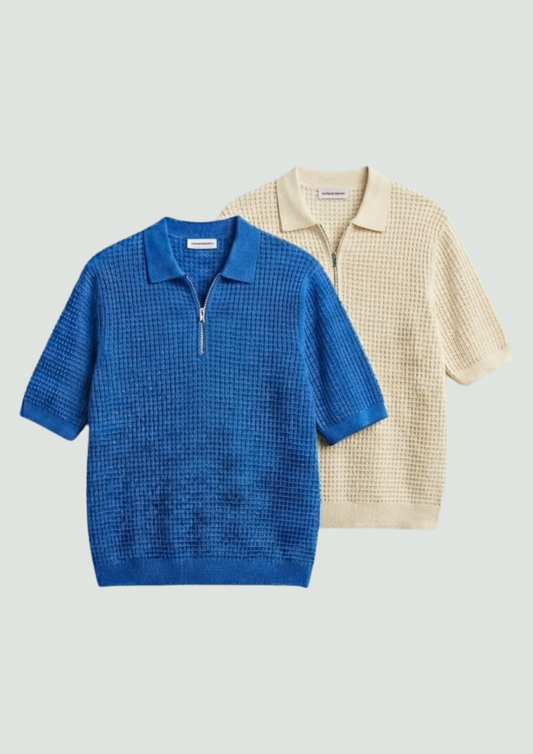 Pack of 2 – Waffle Knit Zipper Polo - (Dodger Blue – Cream)