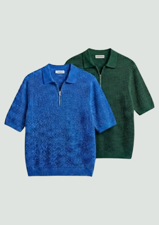 Pack of 2 – Waffle Knit Zipper Polo - (Dodger Blue – Bottle Green)