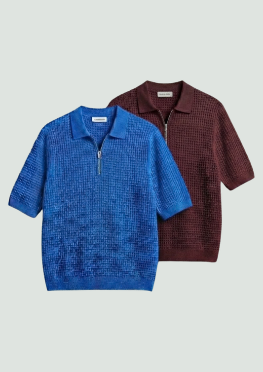 Pack of 2 – Waffle Knit Zipper Polo - (Dodger Blue – Maroon)