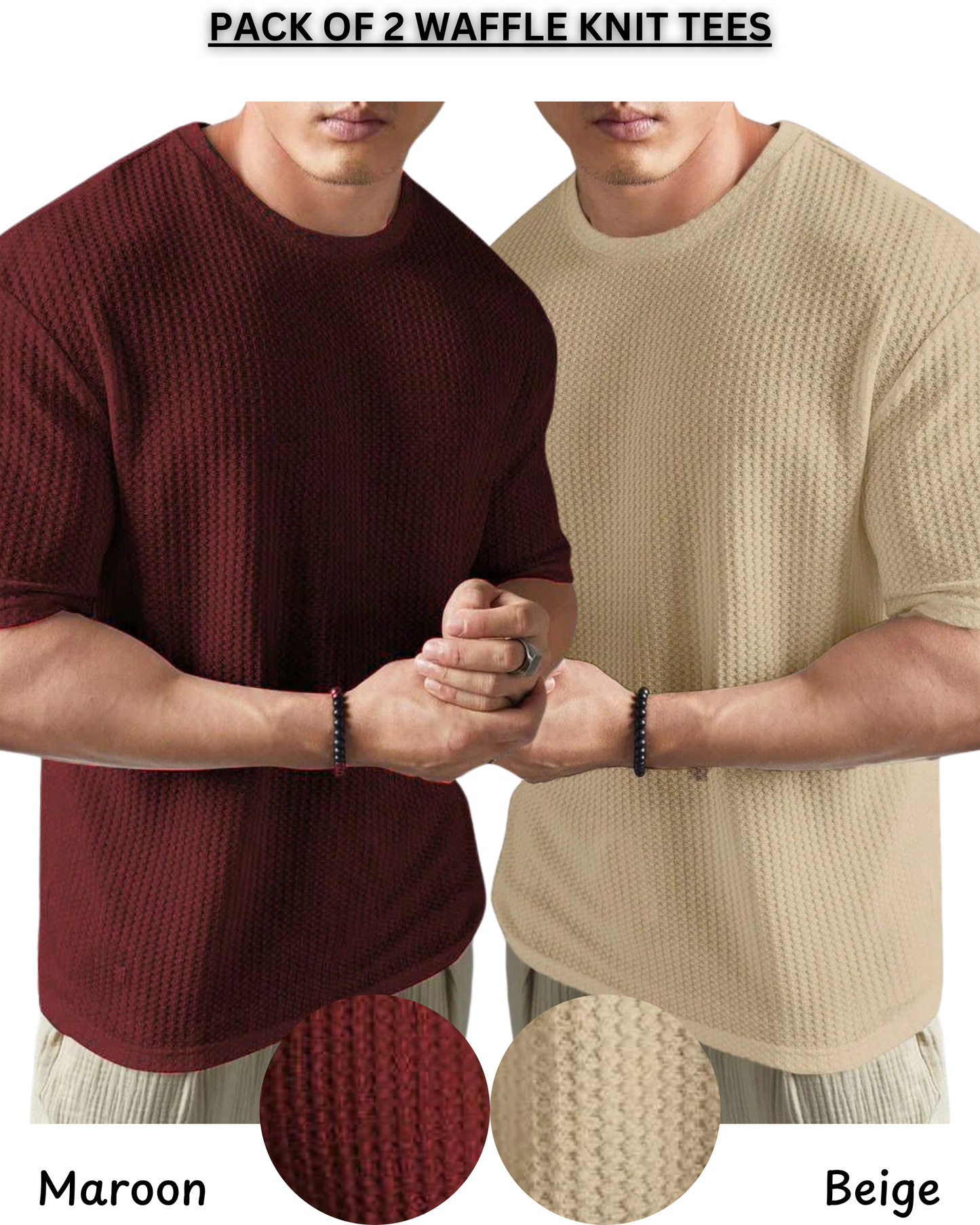 Pack of 2 – Waffle Knit Tees (Maroon & Beige)