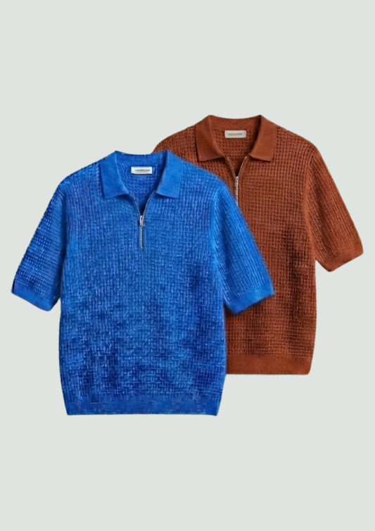 Pack of 2 – Waffle Knit Zipper Polo - (Dodger Blue – Rust)