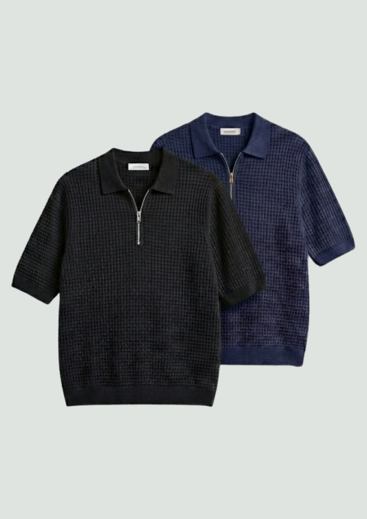 Pack of 2 – Waffle Knit Zipper Polo - (Black – Navy Blue)