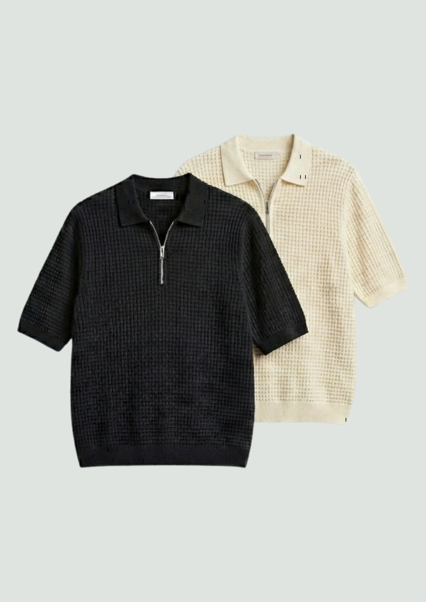 Pack of 2 – Waffle Knit Zipper Polo - (Black – Cream)