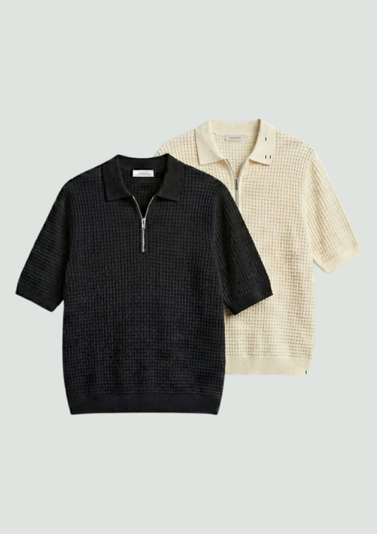 Pack of 2 – Waffle Knit Zipper Polo - (Black – Cream)