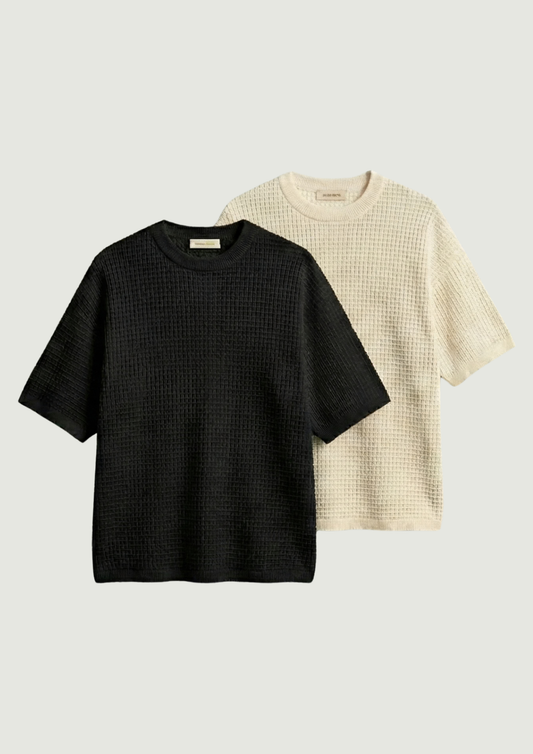 Pack of 2 – Waffle Knit Oversized Tees - (Black – Cream)