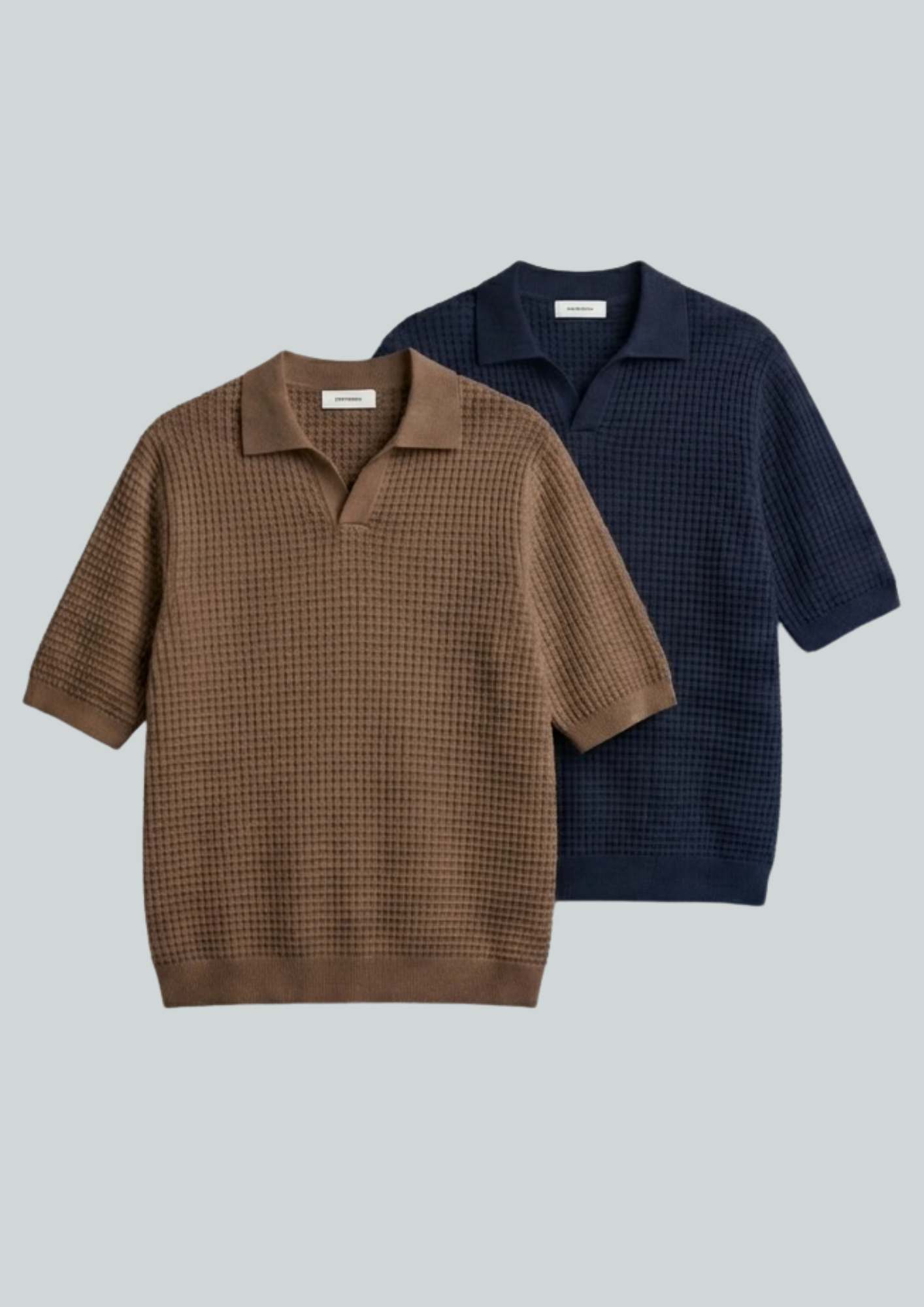2 Piece Waffle Knit Polo T-Shirt (Navy Blue – Mocha)