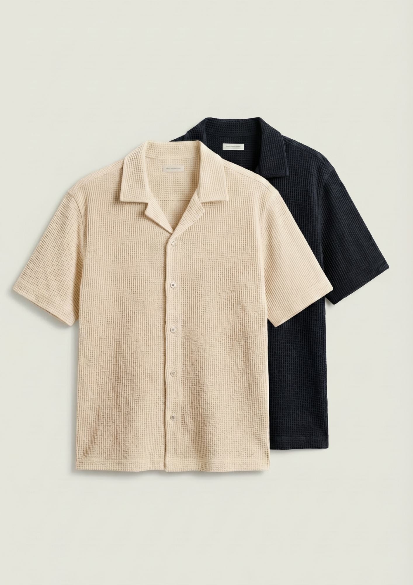 Pack Of 2 Waffle Knit Cuben Collar Shirt - (Black – Cream)